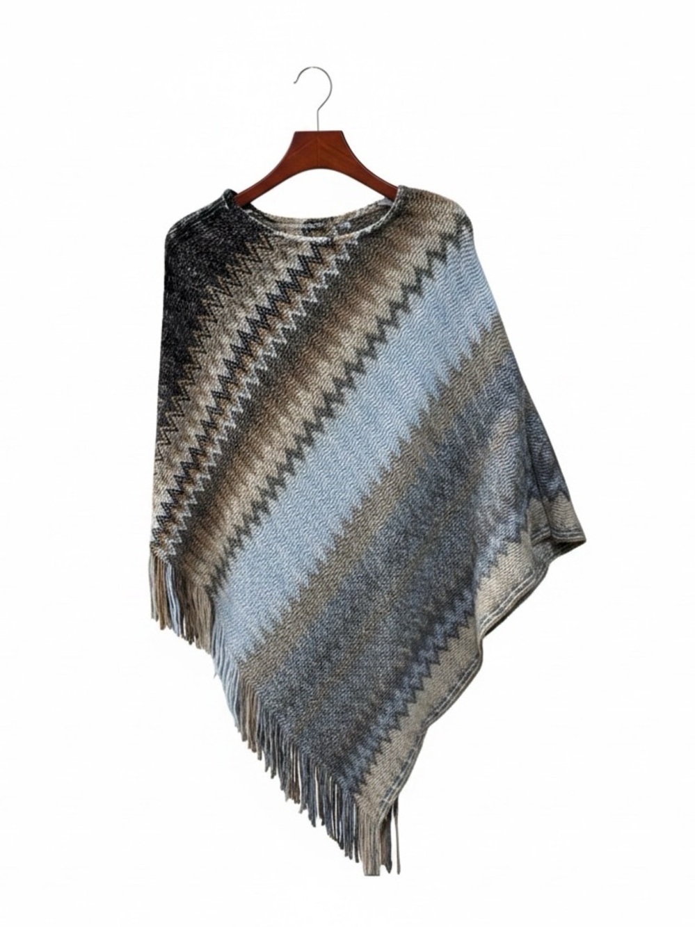 Boho Knit Poncho Cozy Soft Fringe Neutral Brown Gray Wrap